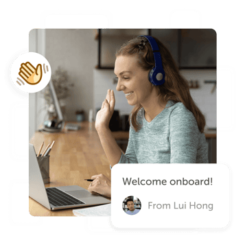 Person waving to laptop and "welcome onboard" post