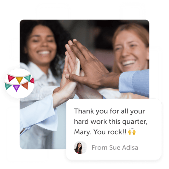 Office workers giving high fives and a "thanks for you hard work" Kudoboard post