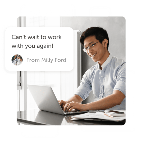 Man smiling and typing on laptop with "Can't wait to work with you again" post