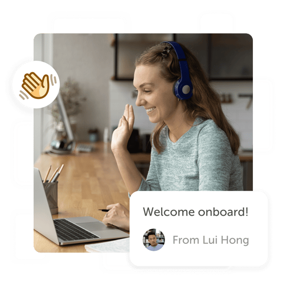 Person waving to laptop and a "welcome onboard" Kudoboard post