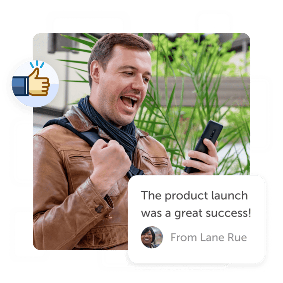 Man celebrating with phone and a "product launch was a great success" Kudoboard post