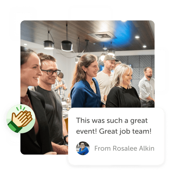 Group of employees at offsite and a "great event" Kudoboard post