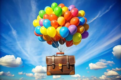 Colorful balloons against a bright, lightly-clouded sky, lifting a leather briefcase