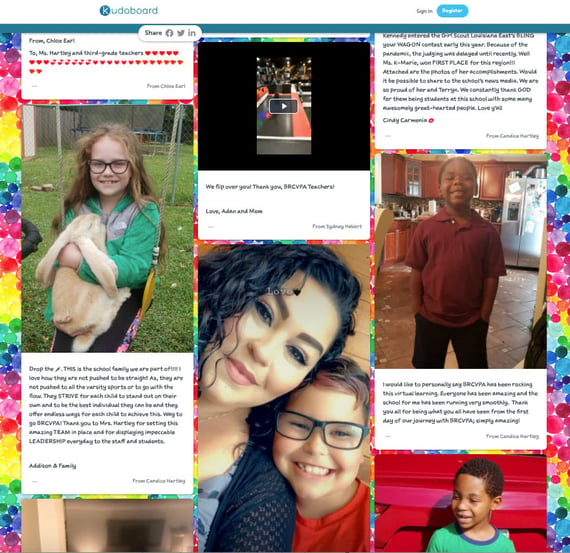 Teacher appreciation Kudoboard with photos and messages