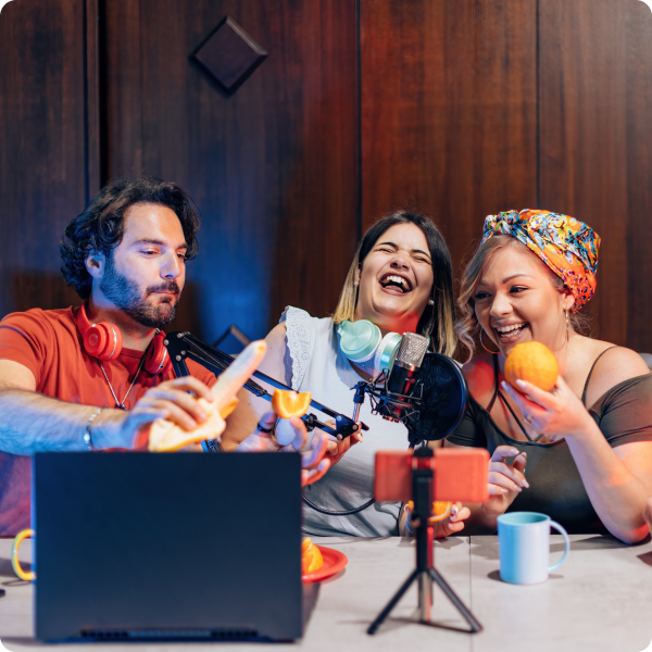 Group of influencers laughing together live