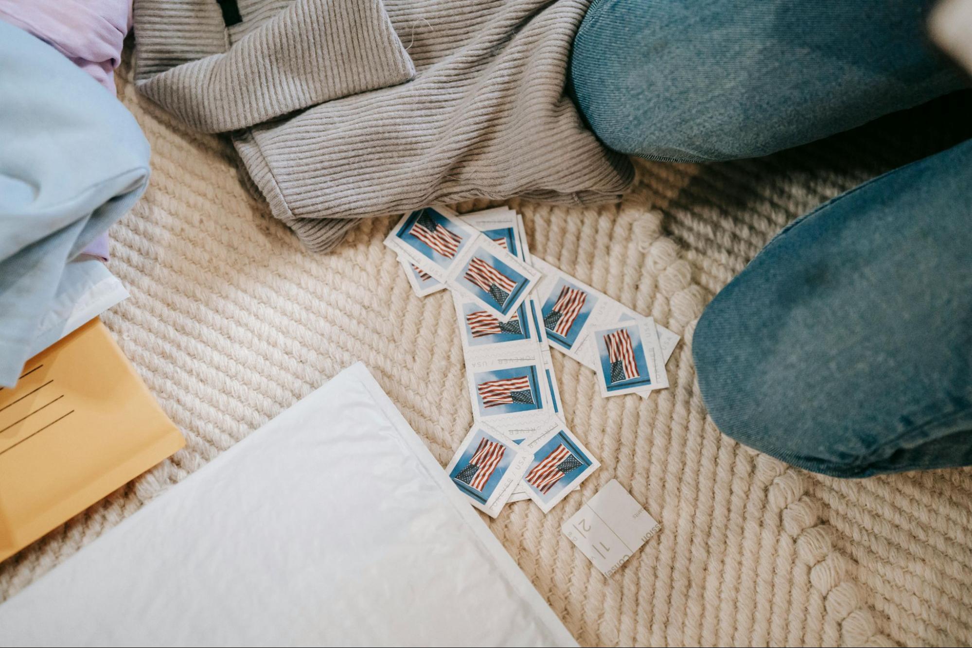 Stamps to mail a graduation card on the ground