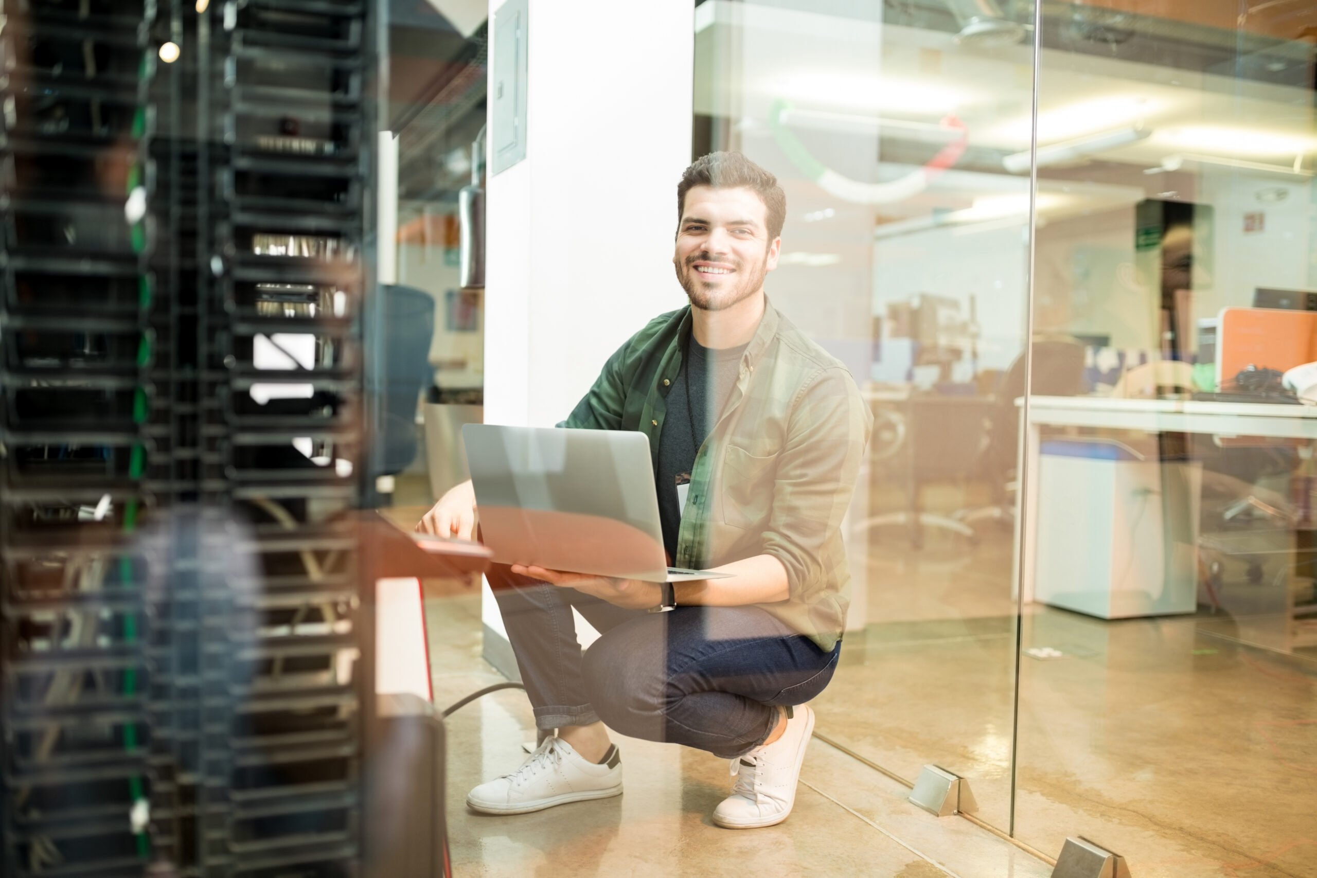 IT professional working in server room