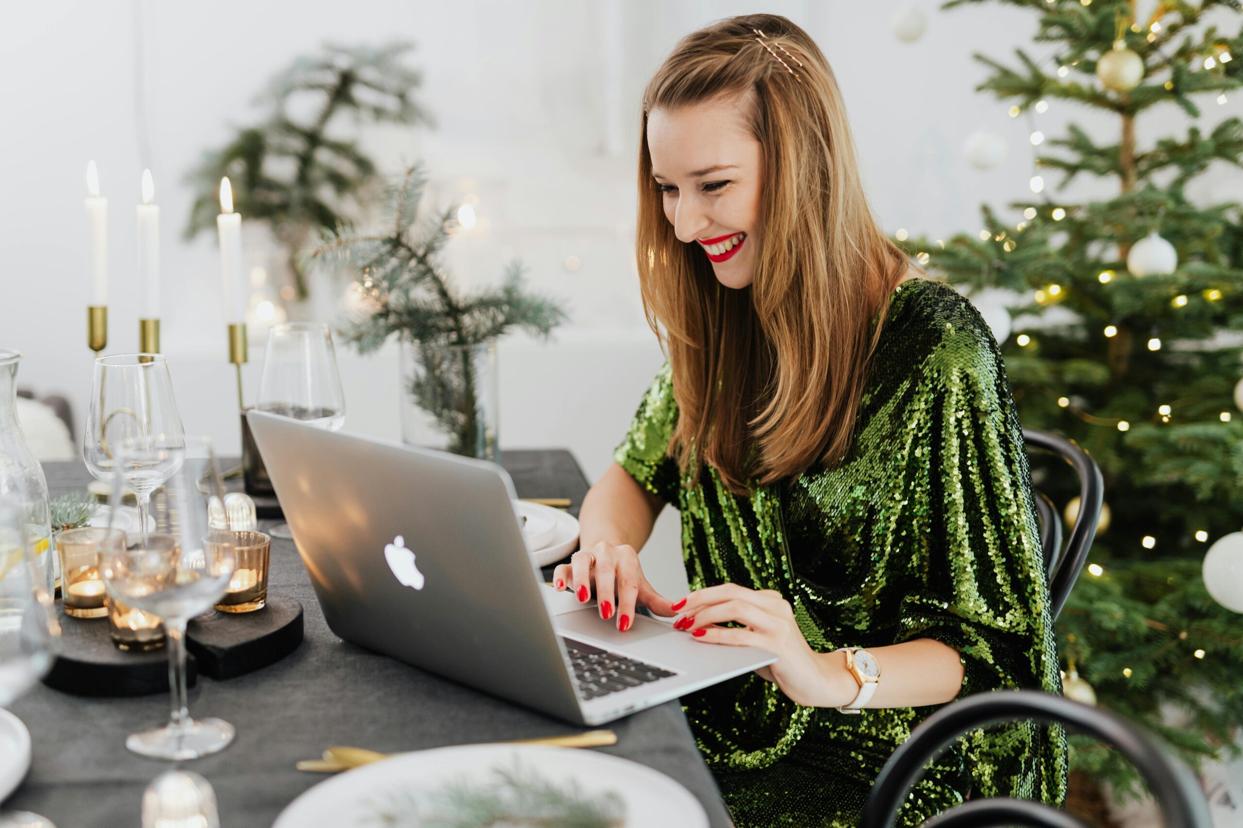 woman attending a virtual holiday party