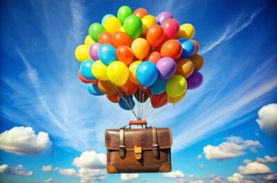 Colorful balloons against a bright, lightly-clouded sky, lifting a leather briefcase