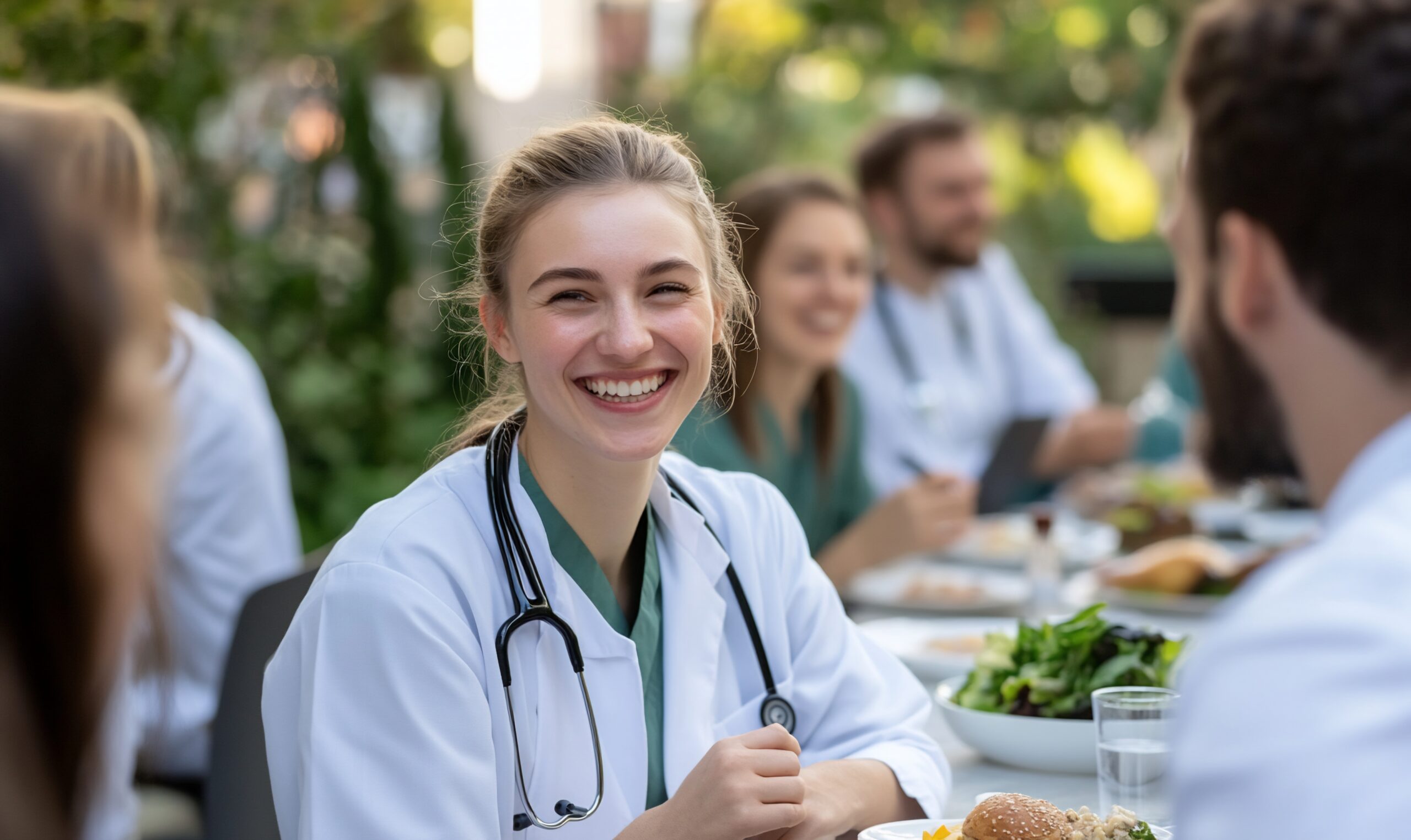 Happy female doctor smiles at colleagues during outdoor lunch.